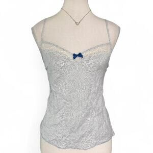 Victoria's Secret white & blue polka dot lace cami top with bow detail Size L